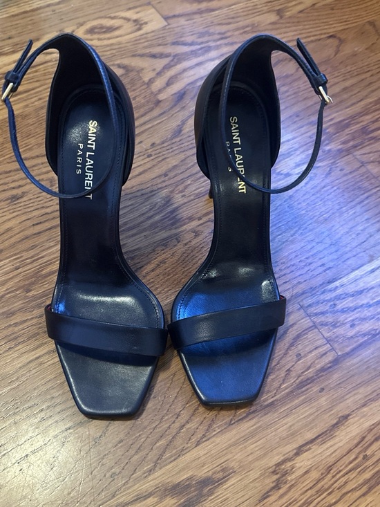 Saint Laurent Shoes - Saint Laurent Black Leather Square-Toe Ankle-Strap Heels